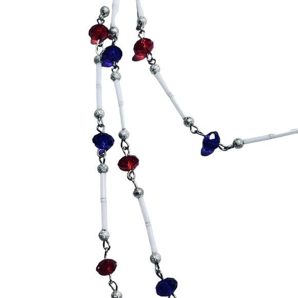 Single Strand Silver Tone, Red, White & Blue Beaded Necklace (5480) - Picture 2 of 8